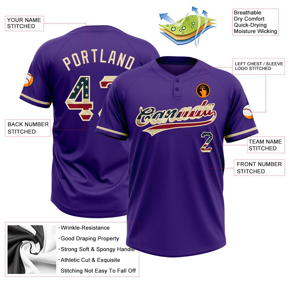 Custom Purple Vintage USA Flag-City Cream Two-Button Unisex Softball Jersey photo 3