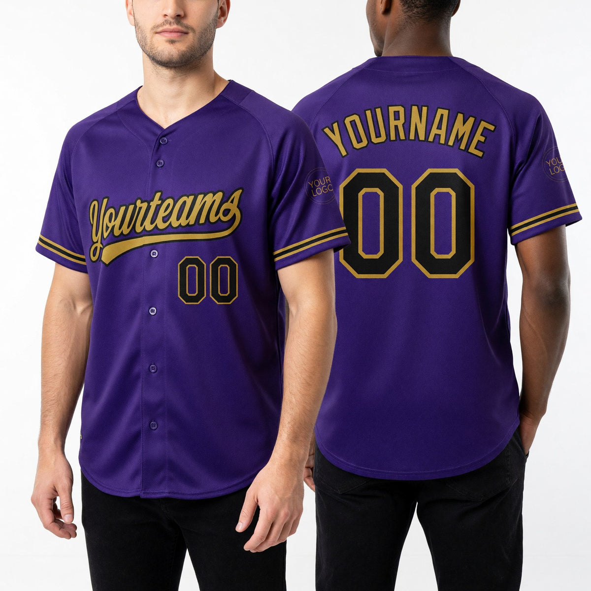 Custom Purple Black-Old Gold Two-Button Unisex Softball Jersey worn front and back