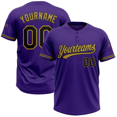 Custom Purple Two Button Softball Jersey with Black and Old Gold Lettering