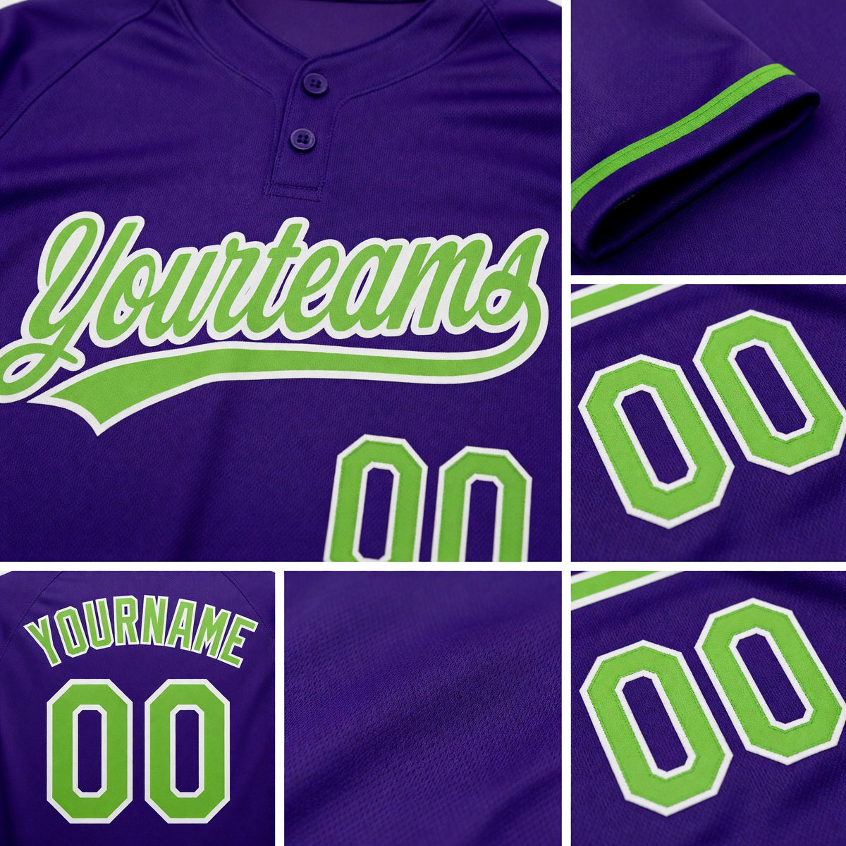 Custom Purple Neon Green-White Two-Button Unisex Softball Jersey detail