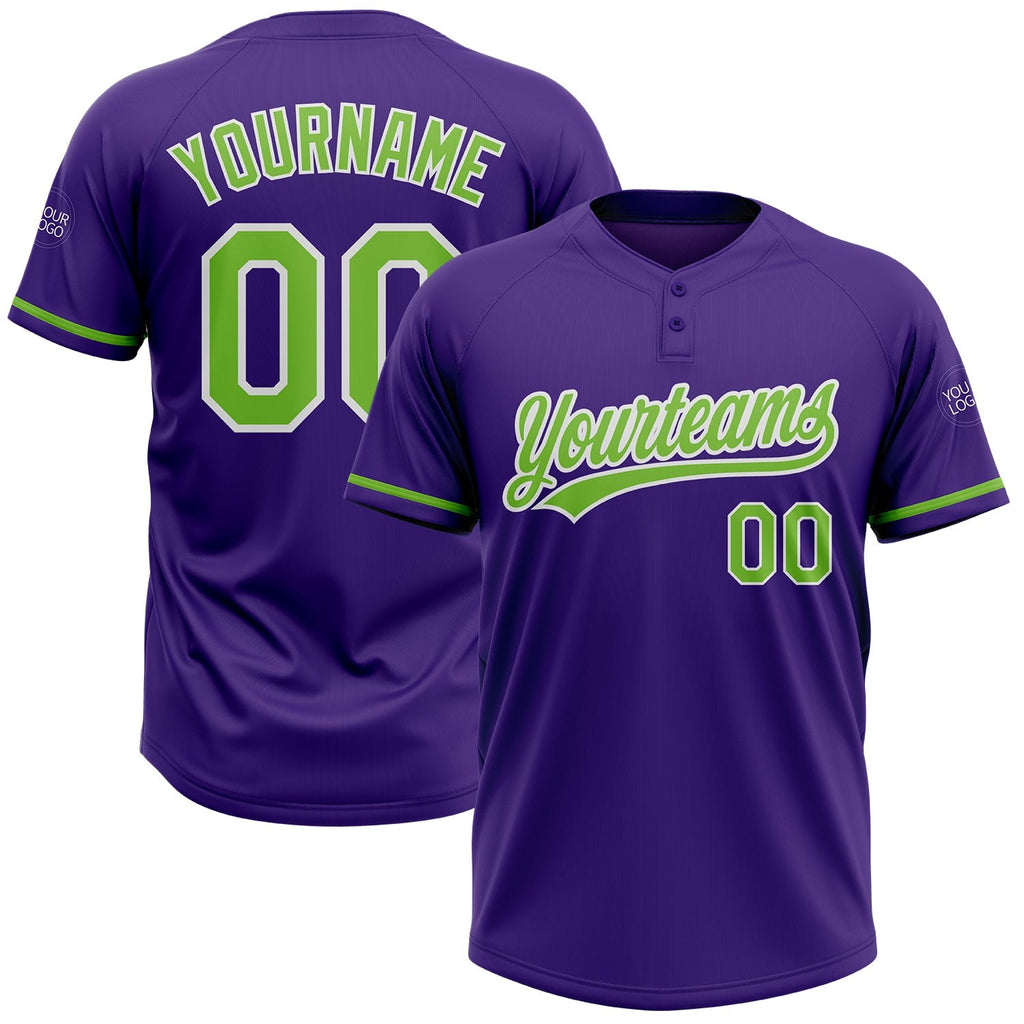 Custom Purple Neon Green-White Two-Button Unisex Softball Jersey photo 1