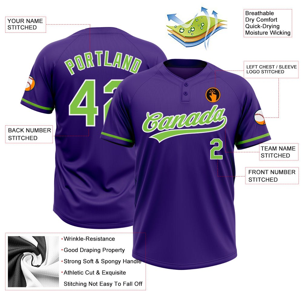 Custom Purple Neon Green-White Two-Button Unisex Softball Jersey photo 3