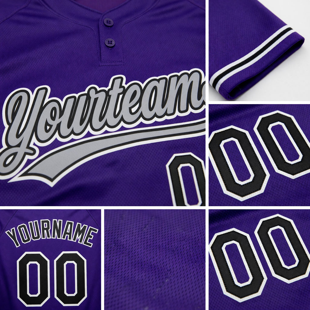 Custom Purple Black-White Two-Button Unisex Softball Jersey detail