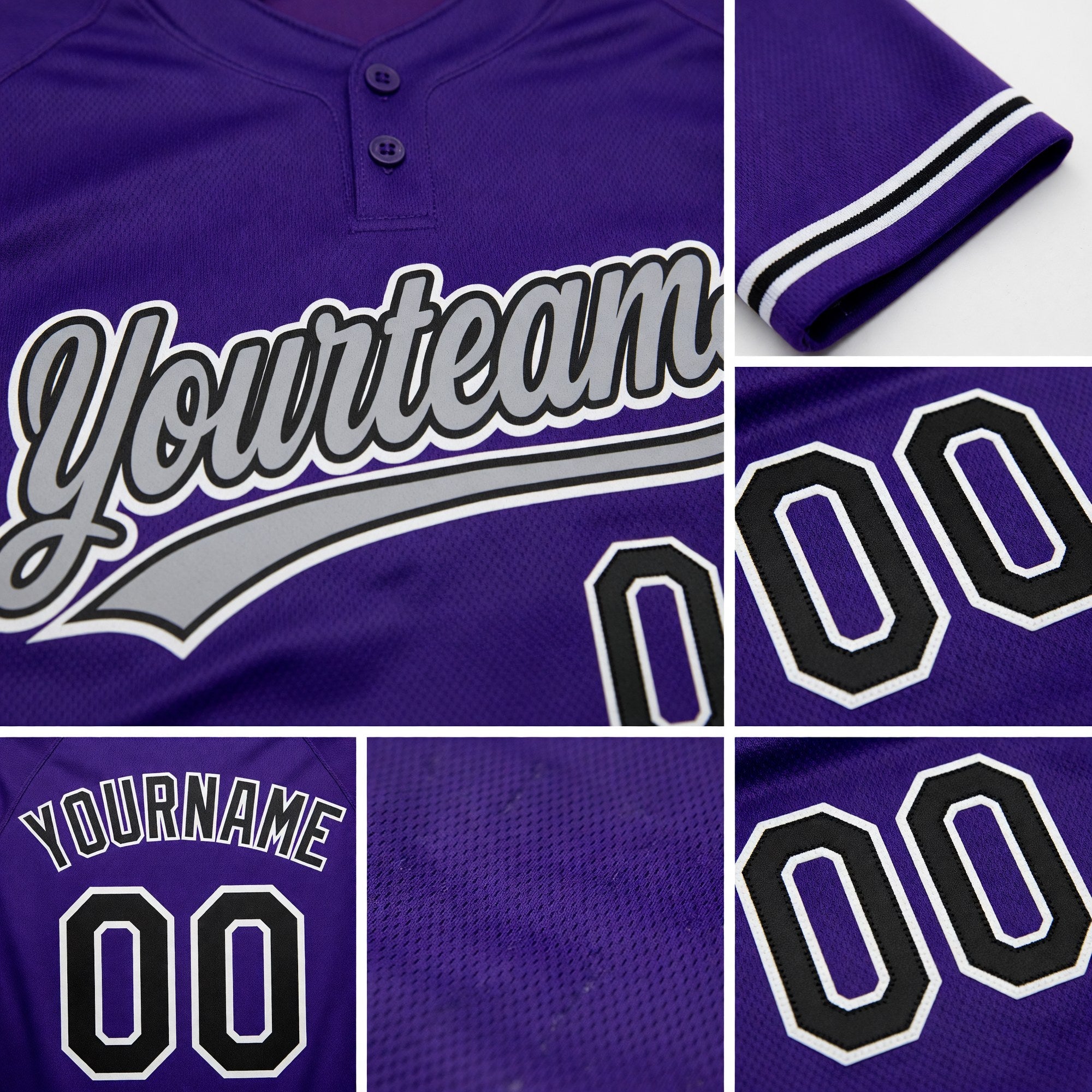 Custom Purple Black-White Two-Button Unisex Softball Jersey detail