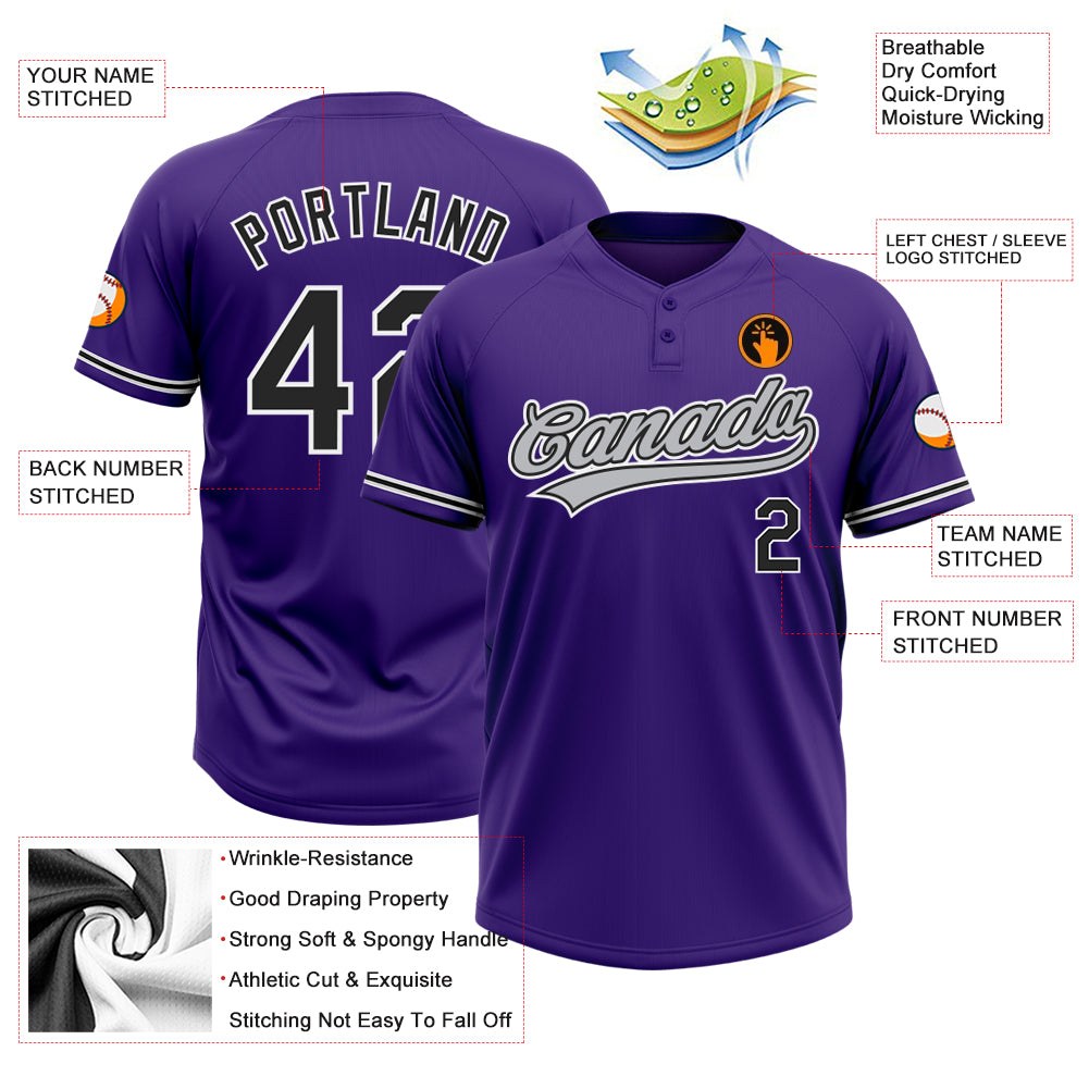 Custom Purple Black-White Two-Button Unisex Softball Jersey photo 3