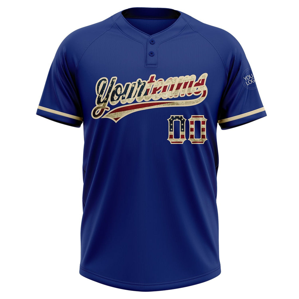 Custom Royal Vintage USA Flag-City Cream Two-Button Unisex Softball Jersey photo 2