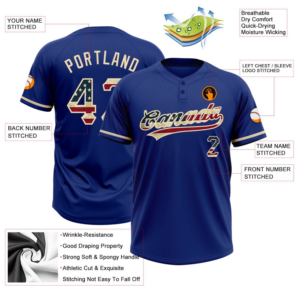 Custom Royal Vintage USA Flag-City Cream Two-Button Unisex Softball Jersey photo 3
