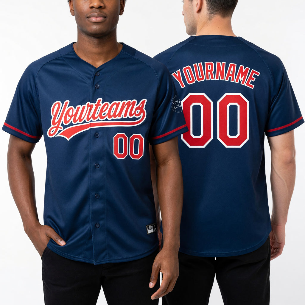 Custom Royal Red-White Two-Button Unisex Softball Jersey worn front and back