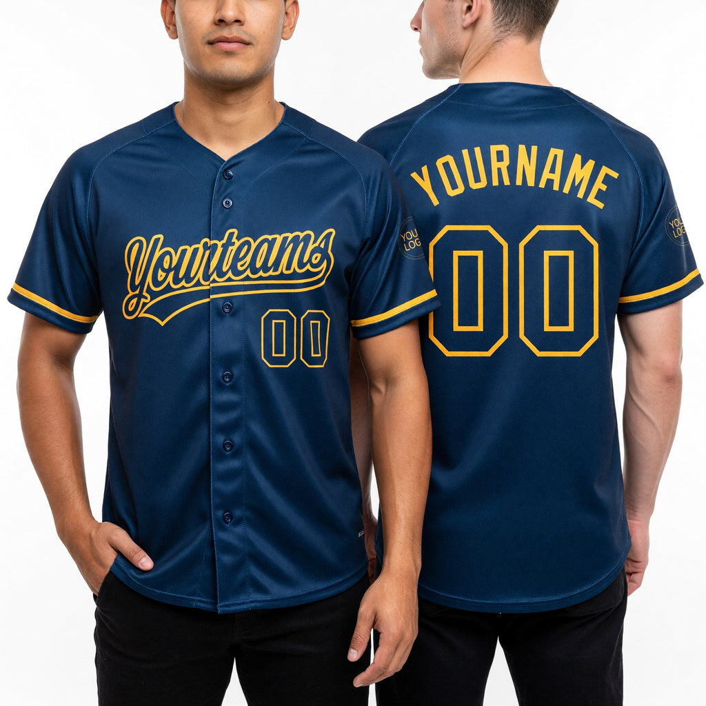 Custom Royal Yellow Two-Button Unisex Softball Jersey worn front and back