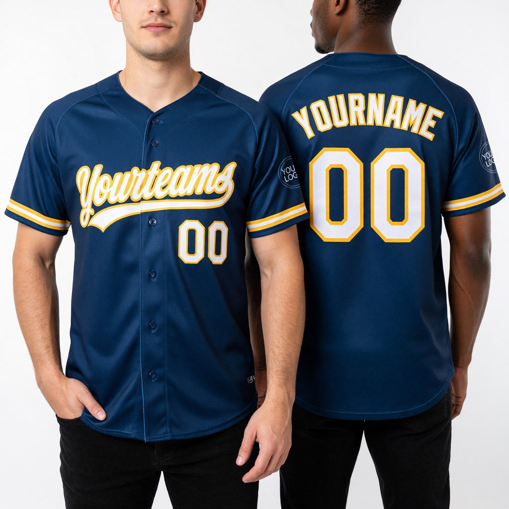 Custom Royal White-Yellow Two-Button Unisex Softball Jersey worn front and back