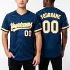 Custom Royal White-Yellow Two-Button Unisex Softball Jersey worn front and back