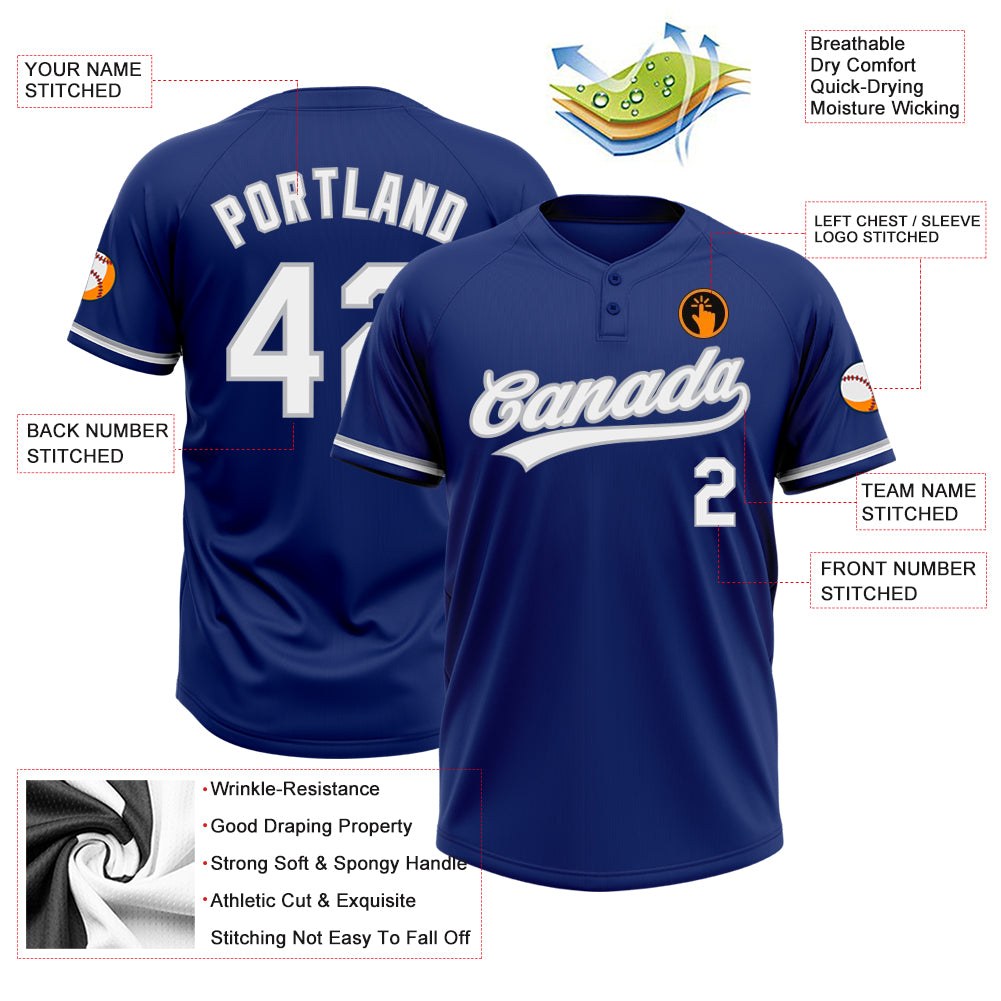 Custom Royal White-Gray Two-Button Unisex Softball Jersey photo 3
