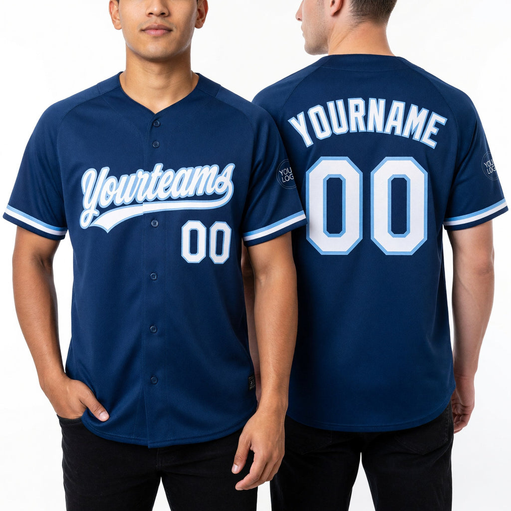 Custom Royal White-Light Blue Two-Button Unisex Softball Jersey worn front and back