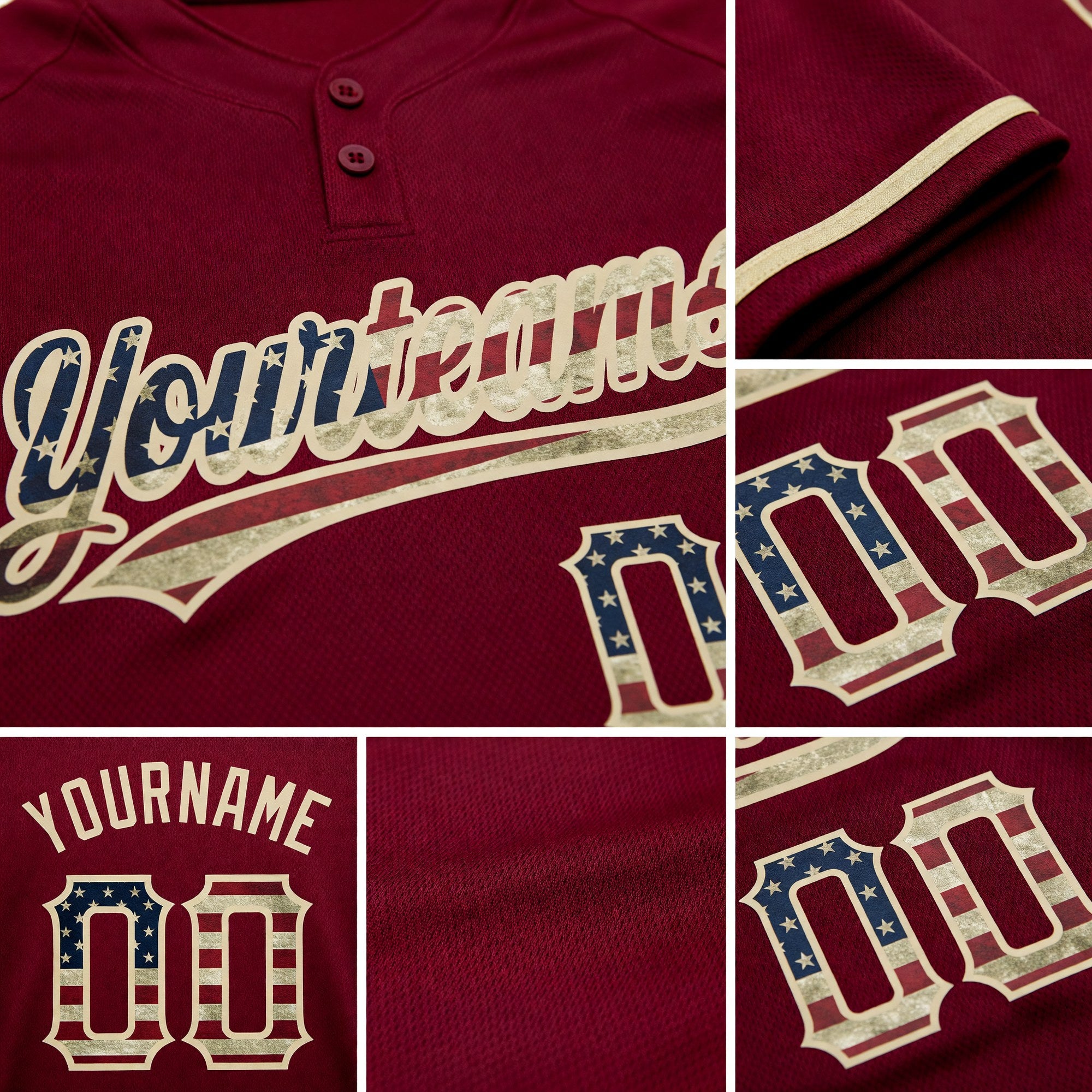 Custom Crimson Vintage USA Flag-City Cream Two-Button Unisex Softball Jersey detail