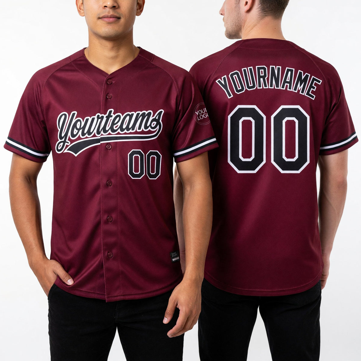 Custom Crimson Black-White Two-Button Unisex Softball Jersey worn front and back