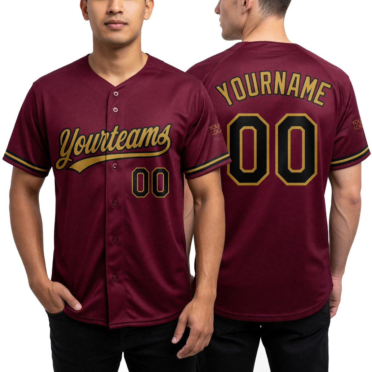 Custom Crimson Black-Old Gold Two-Button Unisex Softball Jersey worn front and back