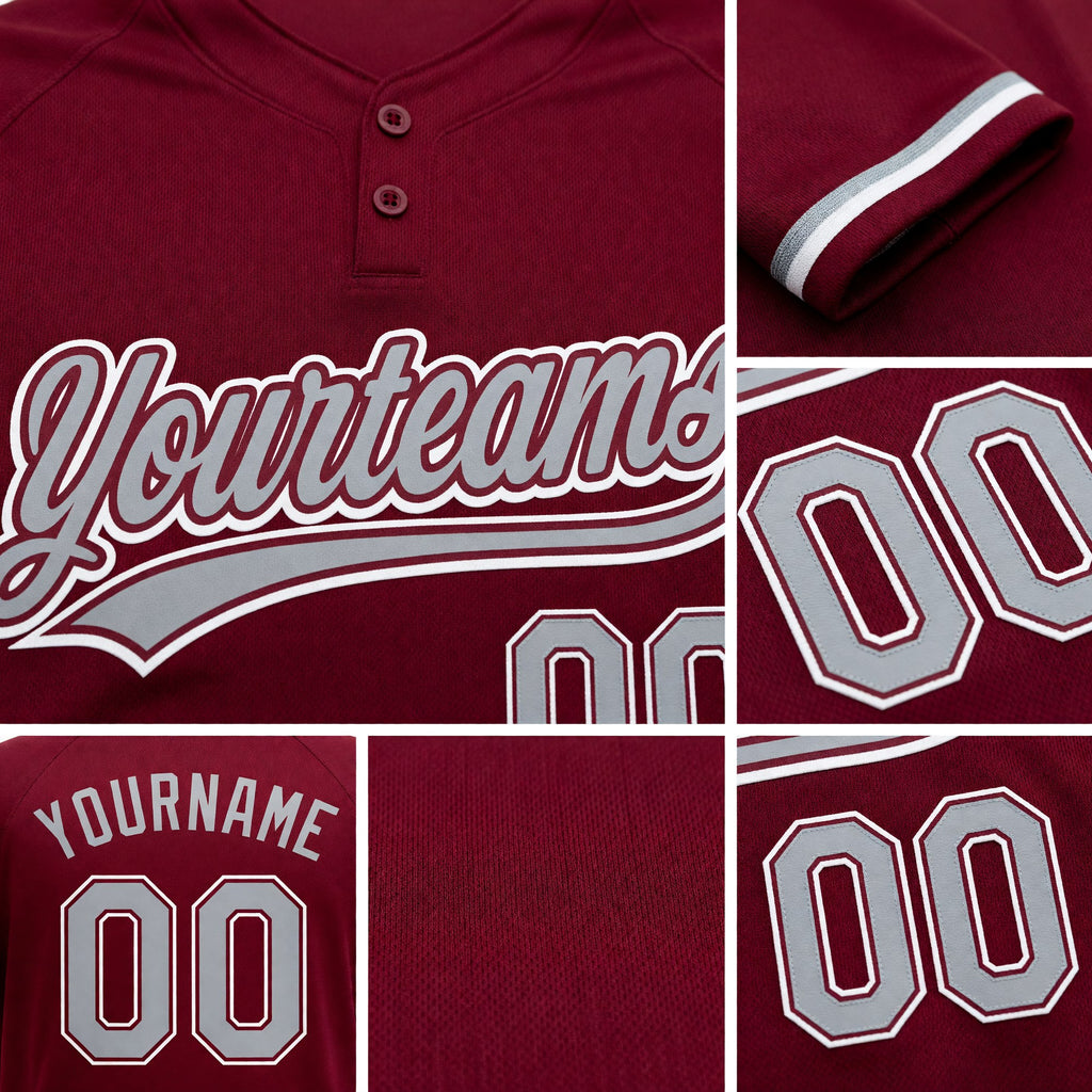 Custom Crimson Gray-White Two-Button Unisex Softball Jersey detail