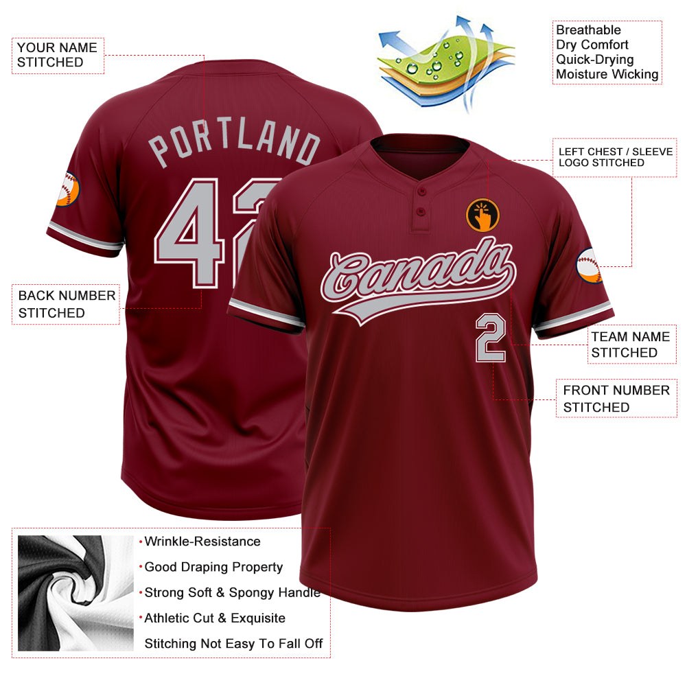 Custom Crimson Gray-White Two-Button Unisex Softball Jersey photo 3