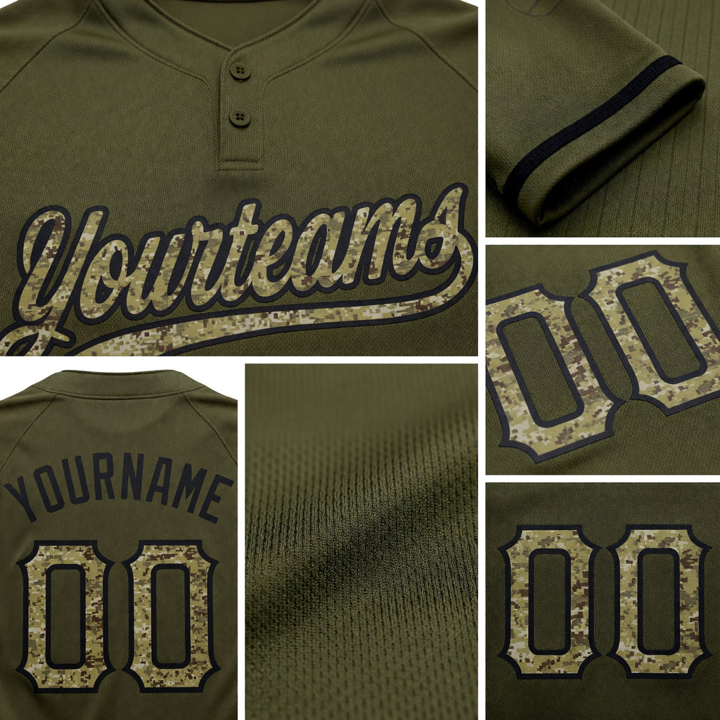 Custom Olive Camo-Black Salute To Service Two-Button Unisex Softball Jersey detail