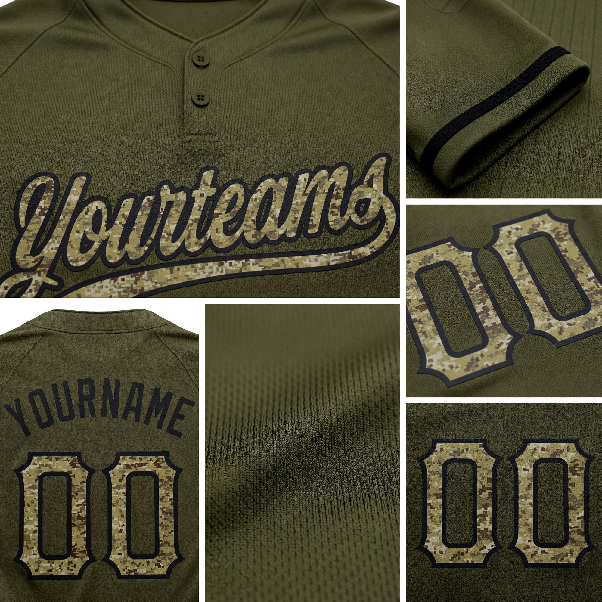 Custom Olive Camo-Black Salute To Service Two-Button Unisex Softball Jersey detail