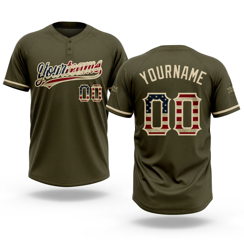 Custom Olive Vintage USA Flag-City Cream Salute To Service Two-Button Unisex Softball Jersey