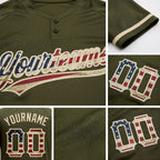 Custom Olive Vintage USA Flag-City Cream Salute To Service Two-Button Unisex Softball Jersey detail