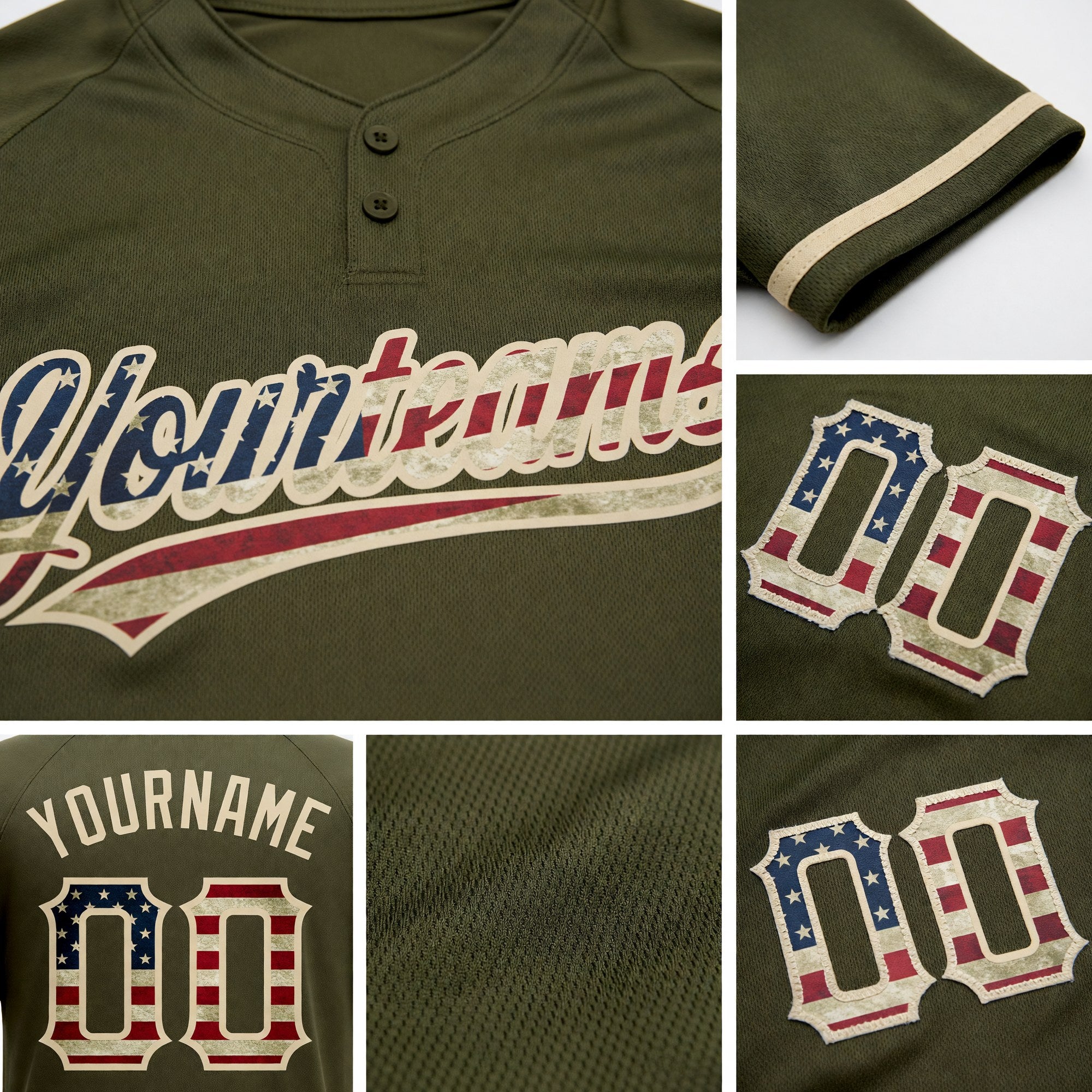 Custom Olive Vintage USA Flag-City Cream Salute To Service Two-Button Unisex Softball Jersey detail