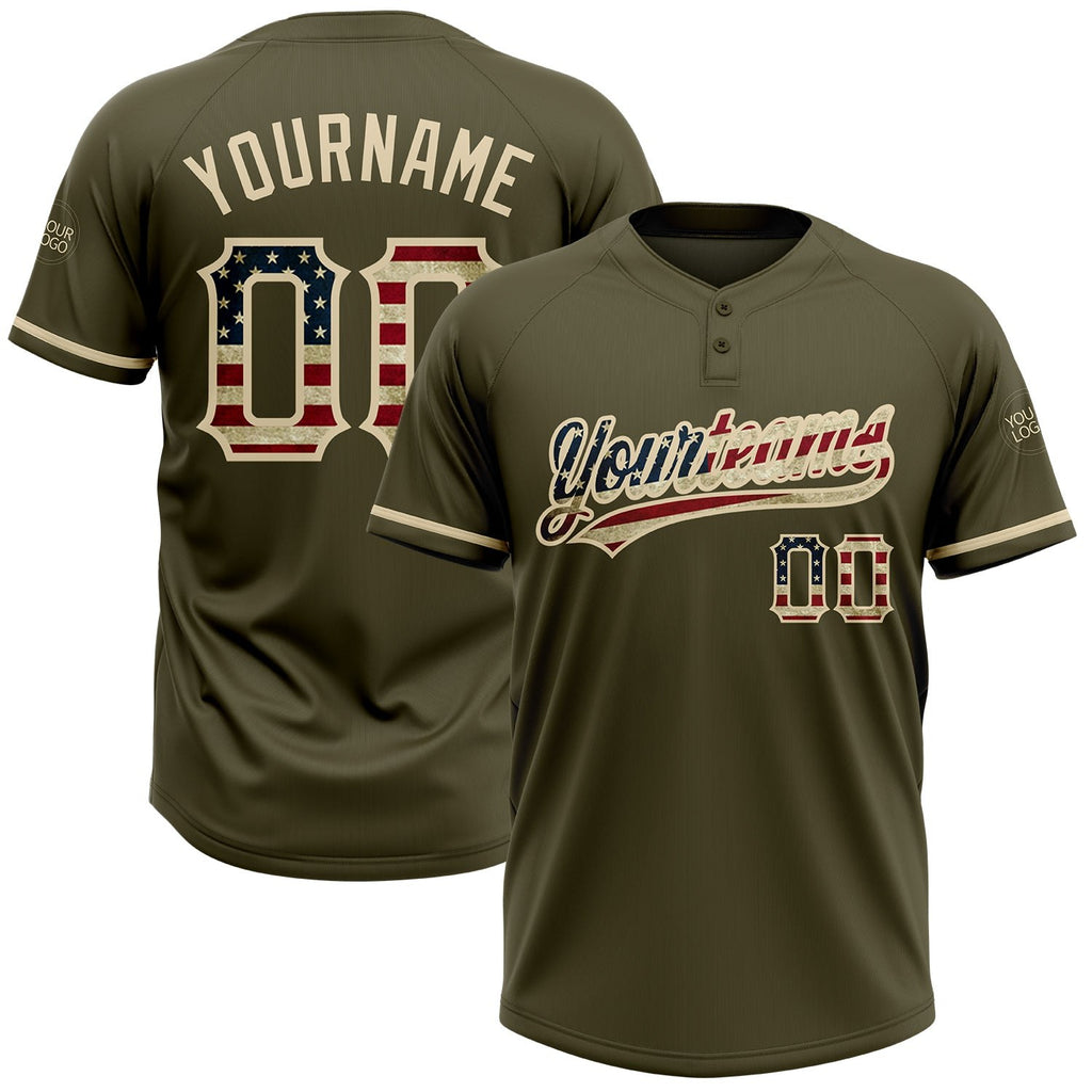 Custom Olive Vintage USA Flag-City Cream Salute To Service Two-Button Unisex Softball Jersey photo 1