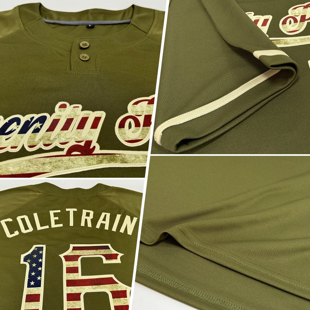 Custom Olive Vintage USA Flag-City Cream Salute To Service Two-Button Unisex Softball Jersey photo 2