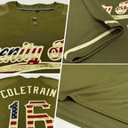 Custom Olive Vintage USA Flag-City Cream Salute To Service Two-Button Unisex Softball Jersey photo 2