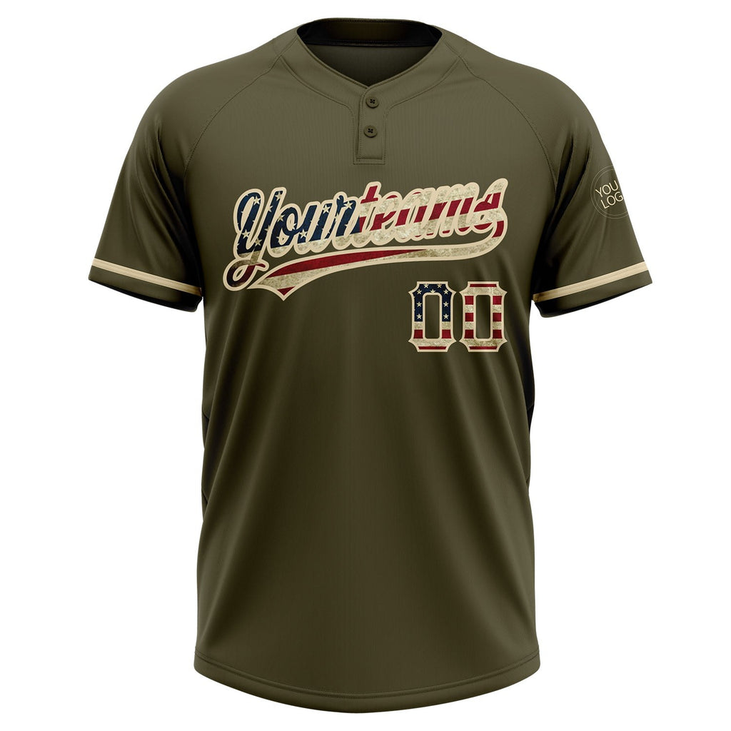Custom Olive Vintage USA Flag-City Cream Salute To Service Two-Button Unisex Softball Jersey photo 3
