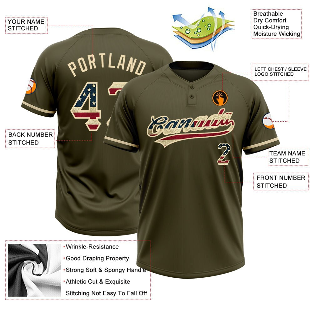 Custom Olive Vintage USA Flag-City Cream Salute To Service Two-Button Unisex Softball Jersey photo 4