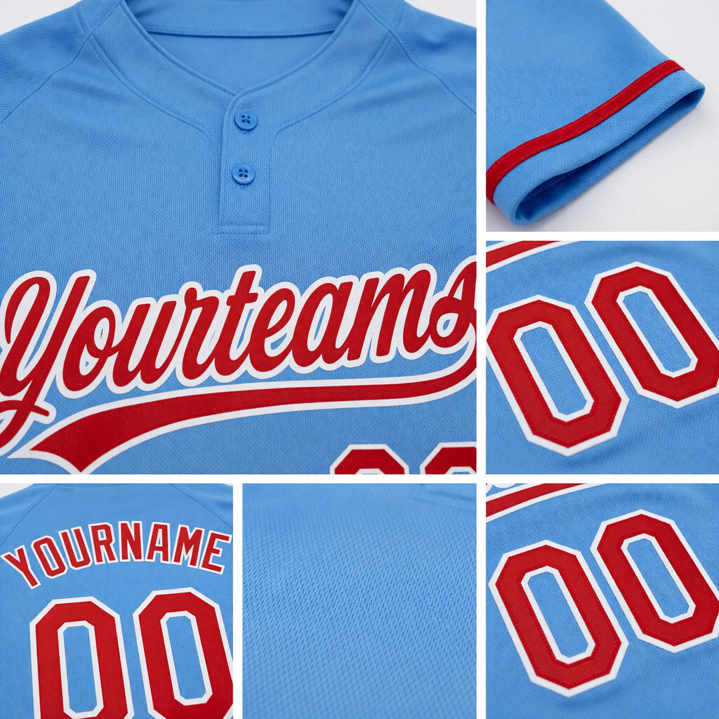 Custom Powder Blue Red-White Two-Button Unisex Softball Jersey detail