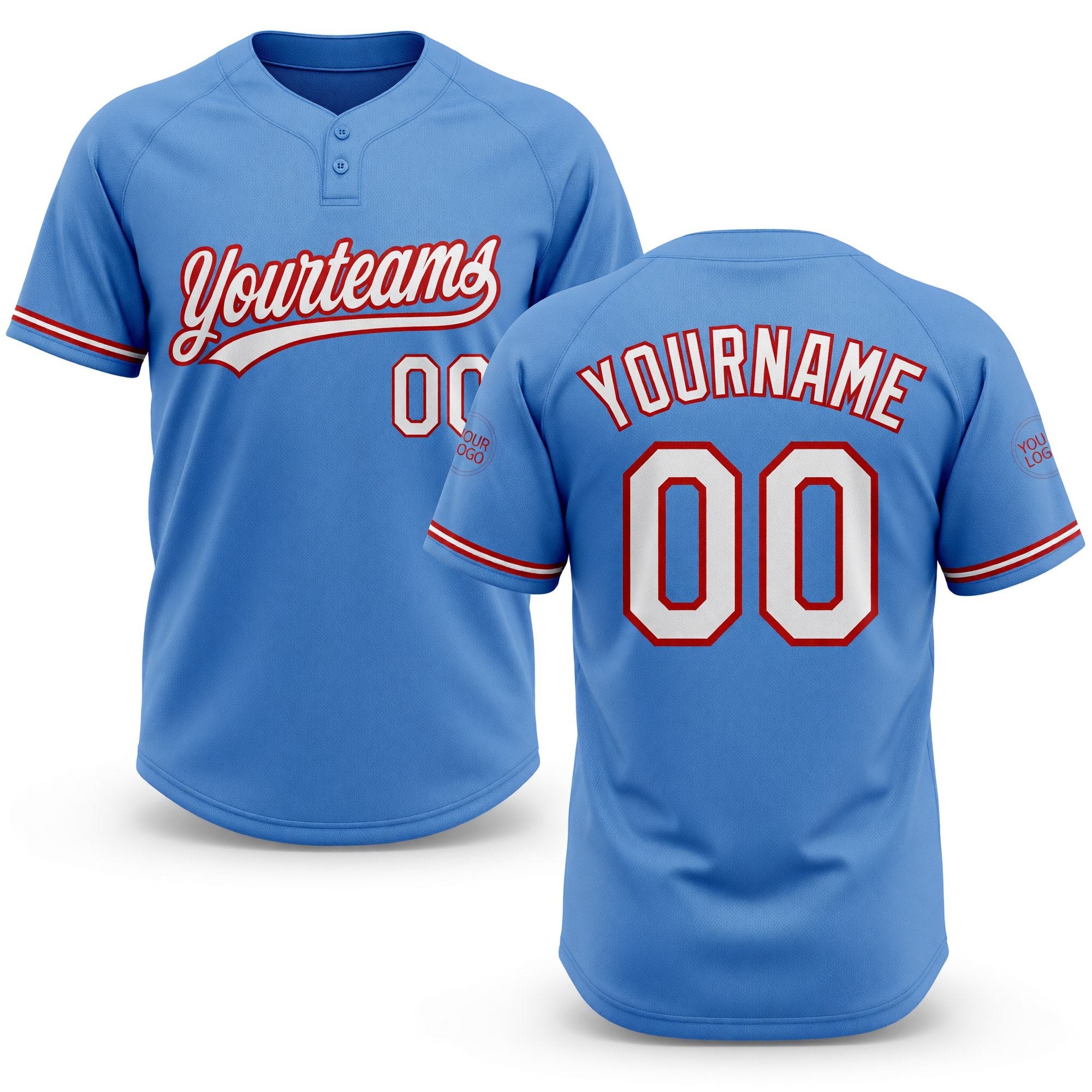 Custom Powder Blue White-Red Two-Button Unisex Softball Jersey
