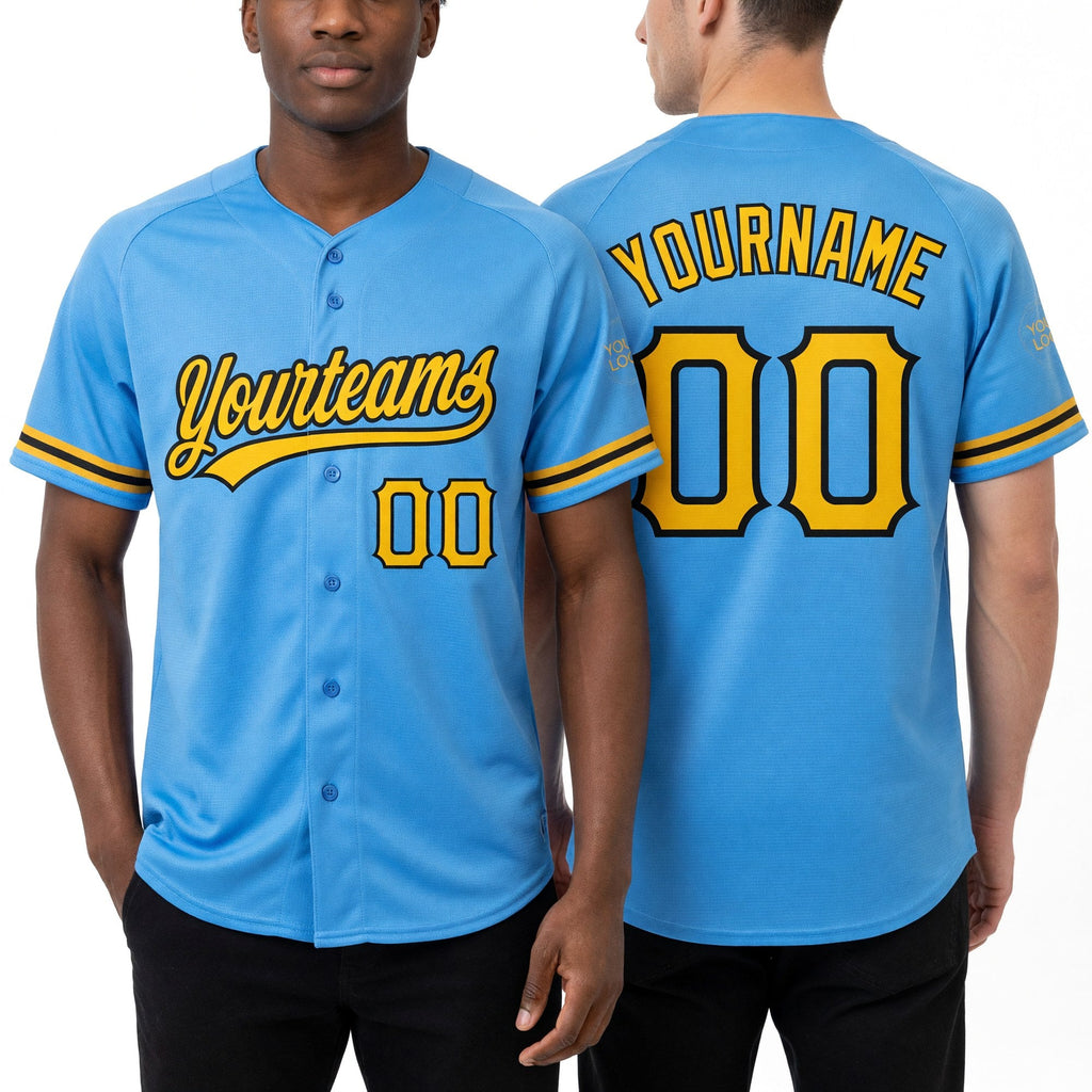 Custom Powder Blue Yellow-Black Two-Button Unisex Softball Jersey worn front and back