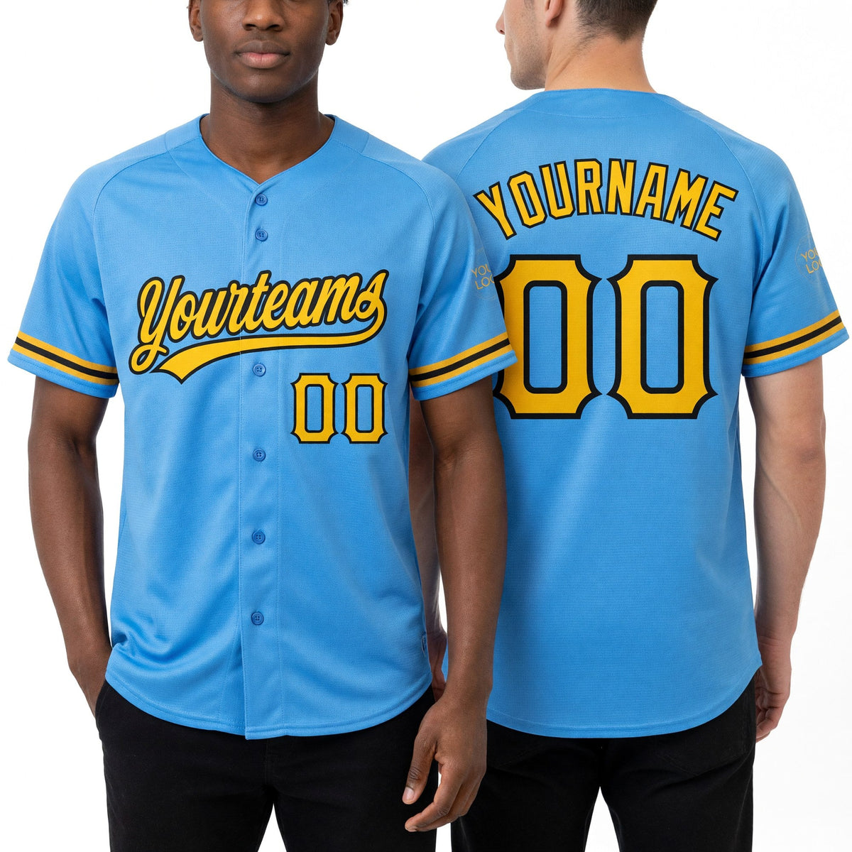Custom Powder Blue Yellow-Black Two-Button Unisex Softball Jersey worn front and back