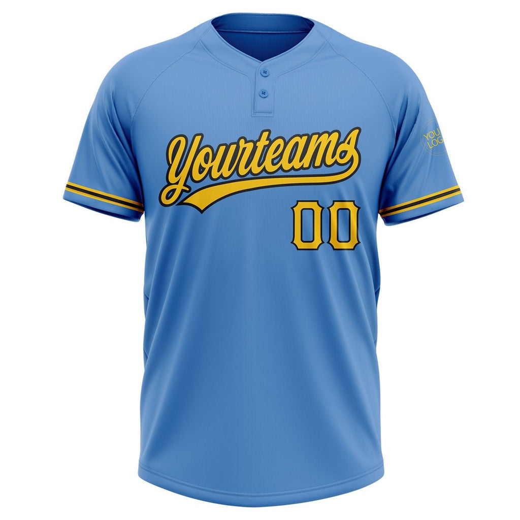 Custom Powder Blue Yellow-Black Two-Button Unisex Softball Jersey photo 2