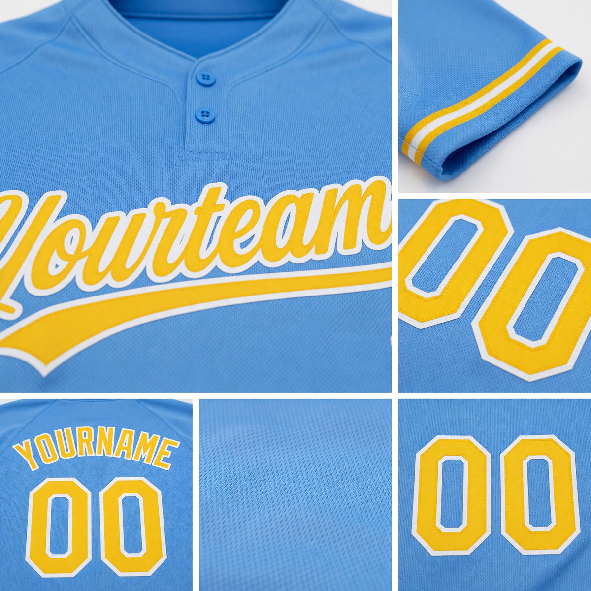 Custom Powder Blue Yellow-White Two-Button Unisex Softball Jersey detail