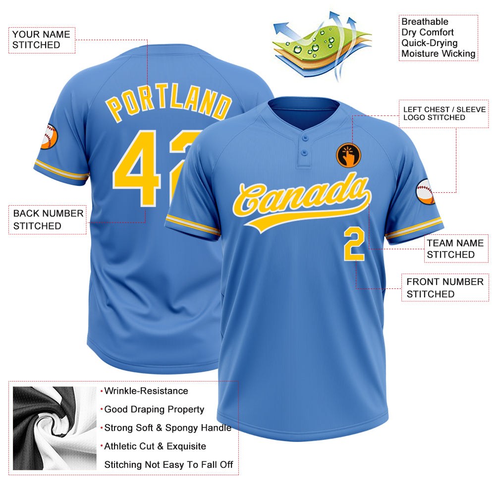 Custom Powder Blue Yellow-White Two-Button Unisex Softball Jersey photo 3