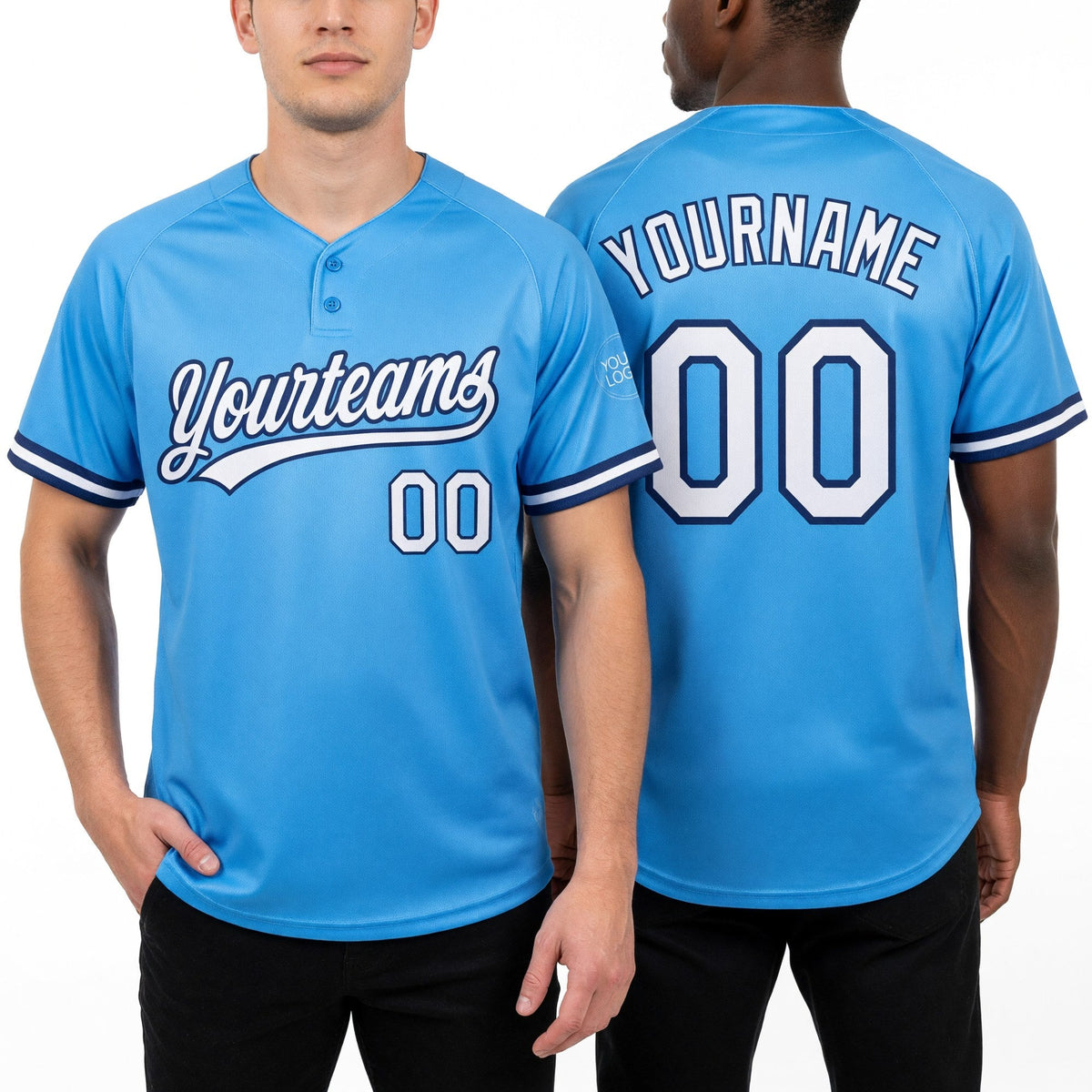 Custom Powder Blue White-Royal Two-Button Unisex Softball Jersey worn front and back