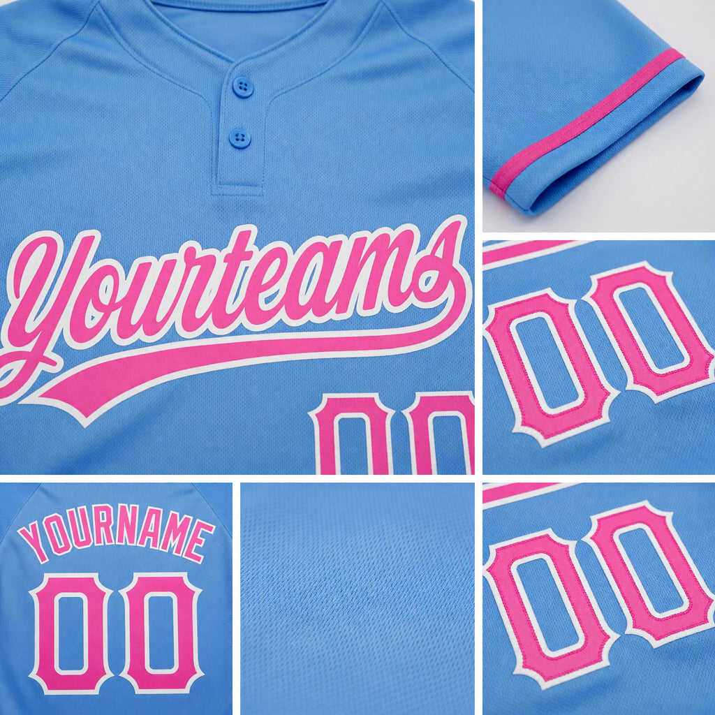 Custom Powder Blue Pink-White Two-Button Unisex Softball Jersey detail