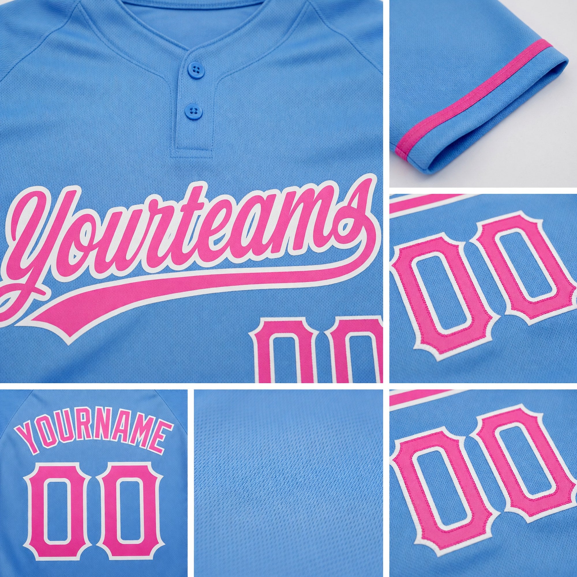 Custom Powder Blue Pink-White Two-Button Unisex Softball Jersey detail