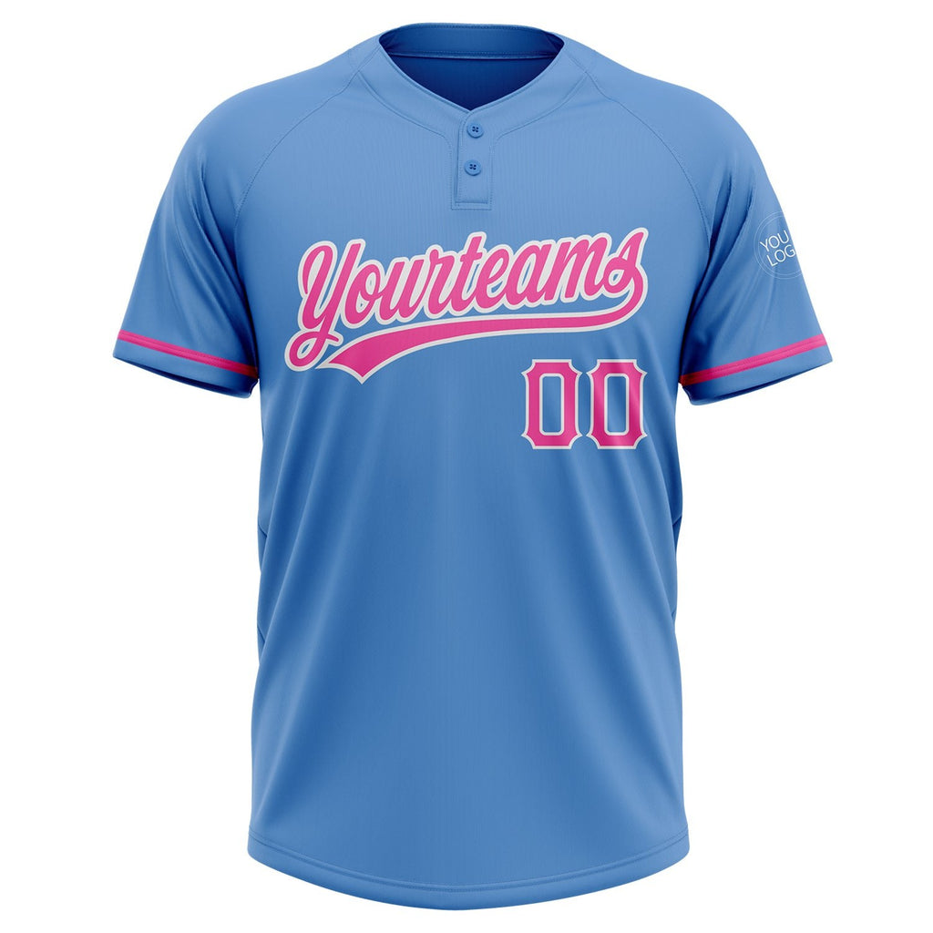 Custom Powder Blue Pink-White Two-Button Unisex Softball Jersey photo 2