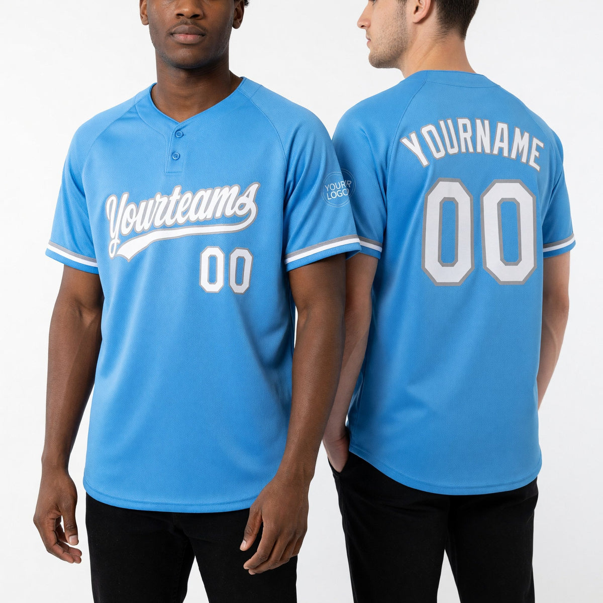 Custom Powder Blue White-Gray Two-Button Unisex Softball Jersey worn front and back