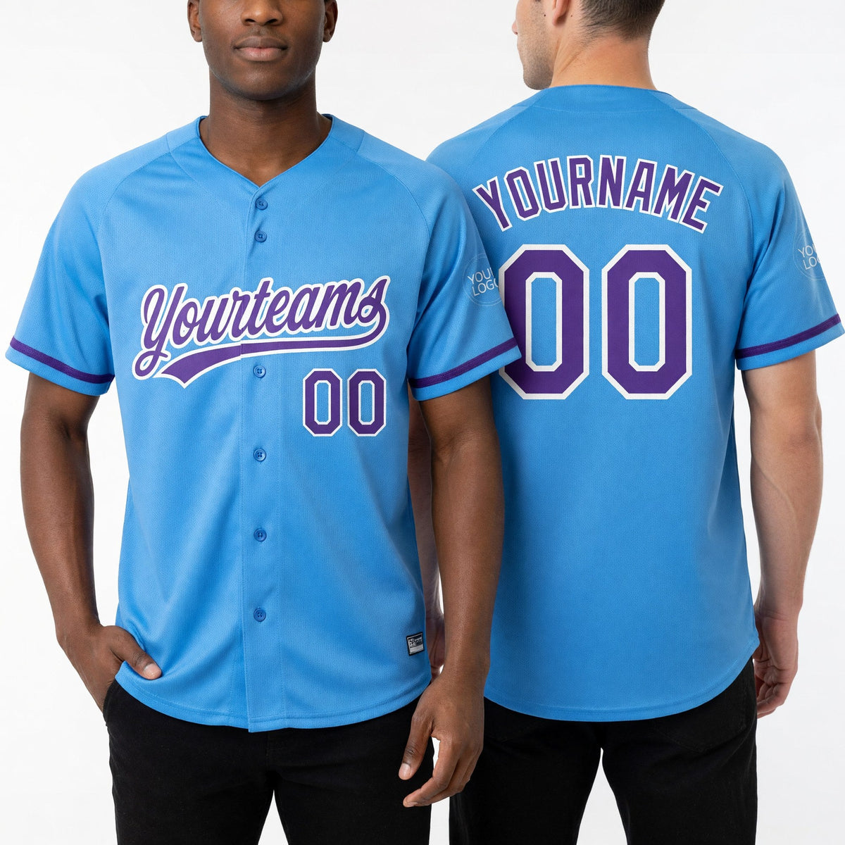 Custom Powder Blue Purple-White Two-Button Unisex Softball Jersey worn front and back