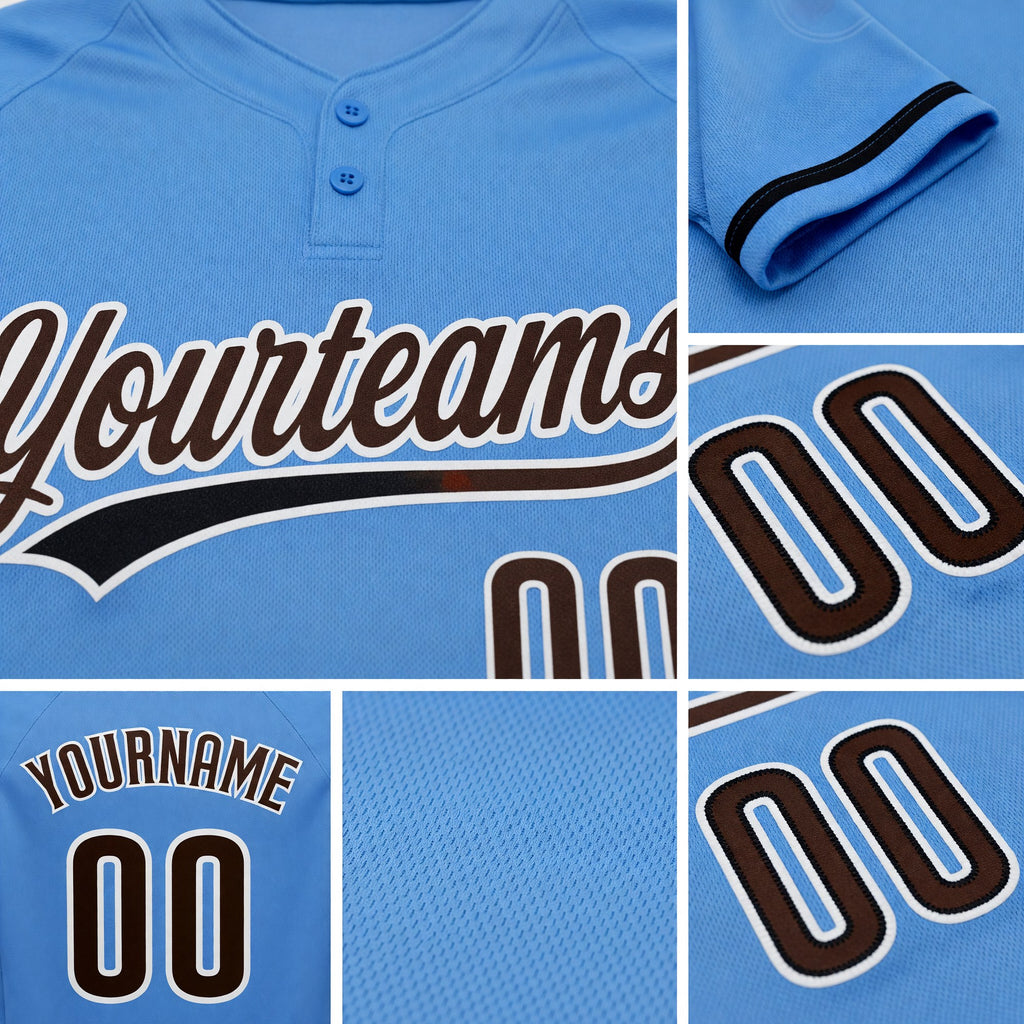 Custom Powder Blue Brown-White Two-Button Unisex Softball Jersey detail