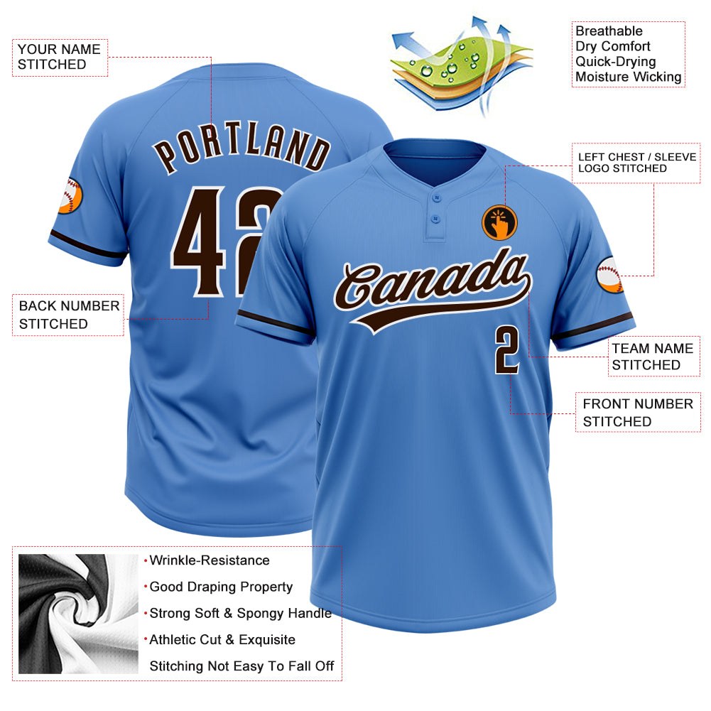 Custom Powder Blue Brown-White Two-Button Unisex Softball Jersey photo 3