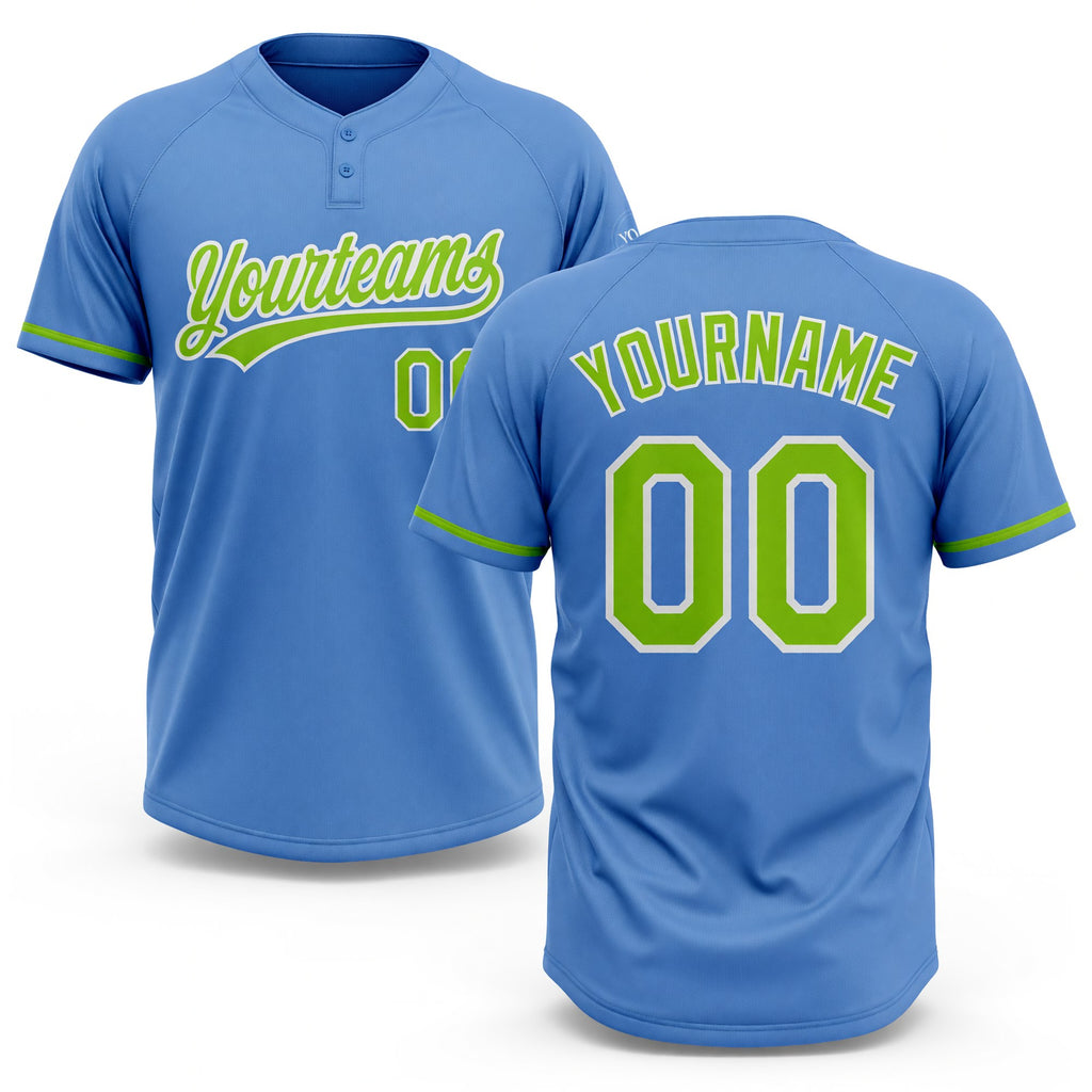 Custom Powder Blue Neon Green-White Two-Button Unisex Softball Jersey
