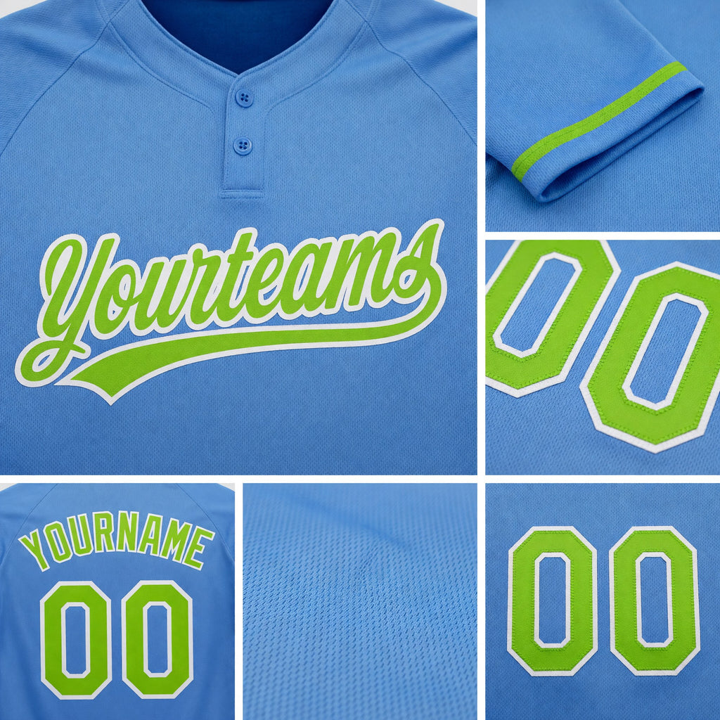 Custom Powder Blue Neon Green-White Two-Button Unisex Softball Jersey detail