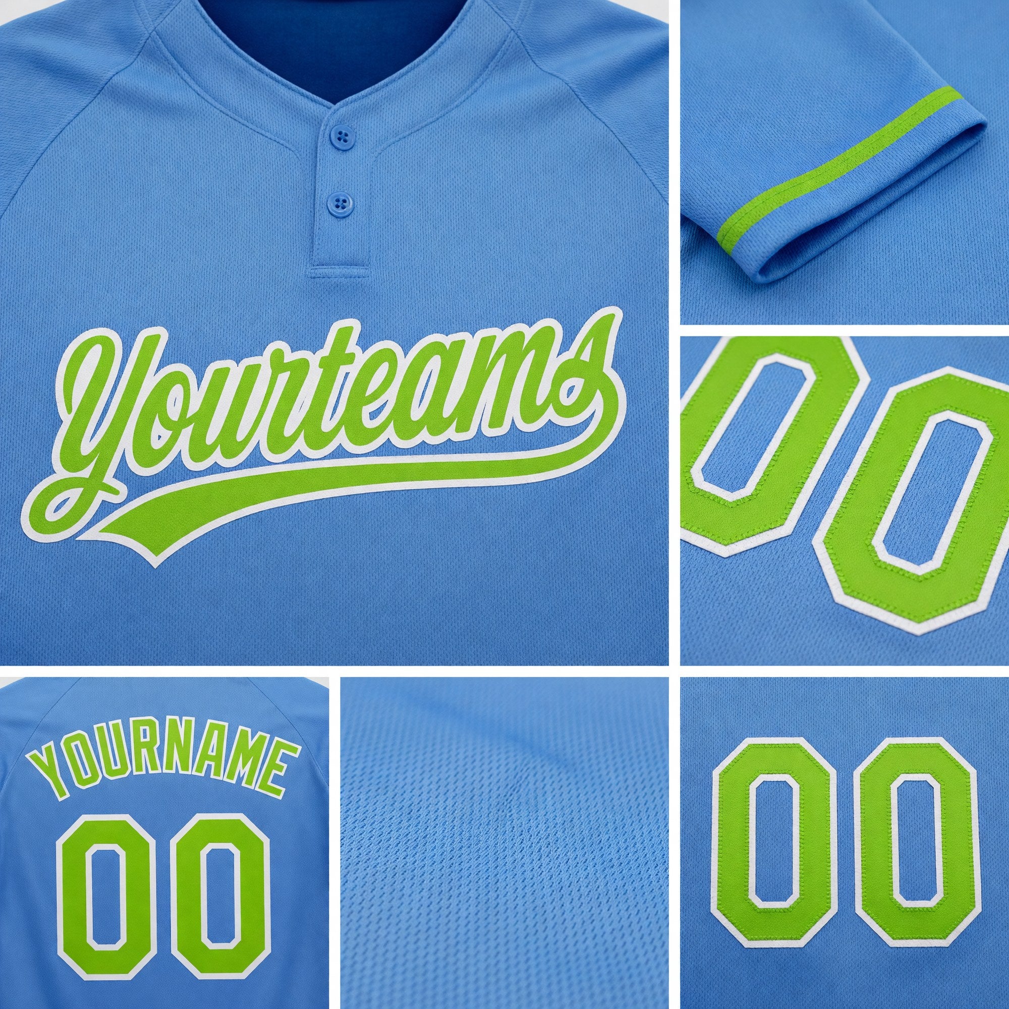 Custom Powder Blue Neon Green-White Two-Button Unisex Softball Jersey detail